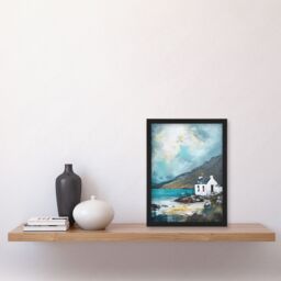 Artery8 White Scottish Cottage Loch Hills Oil Painting Framed Art Print in Blue - Size: A4 - thumbnail 4