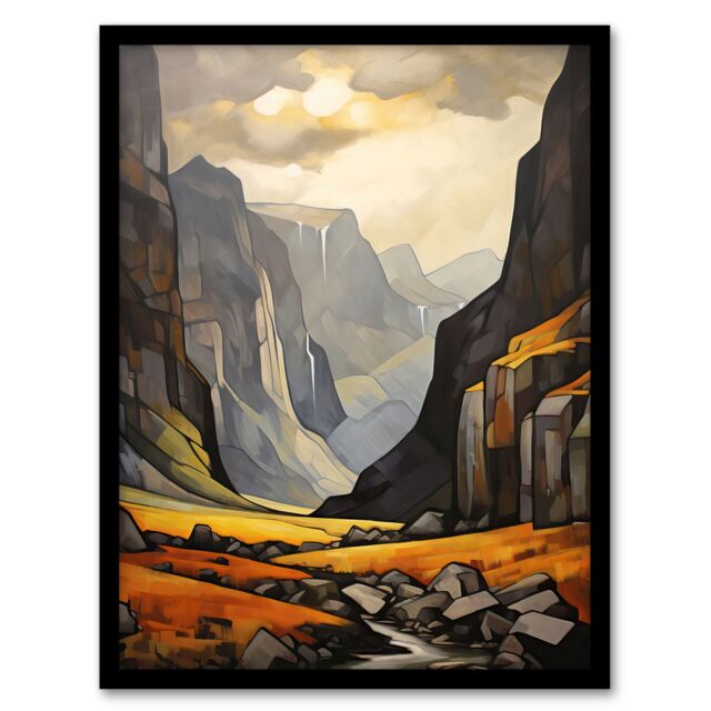 "Artery8 Wall Art Print Glencoe Gorge Oil Painting Atmospheric Sunlight Breaking Through Clouds Art Framed in Black - Size: W12"" x H16""" - image 1