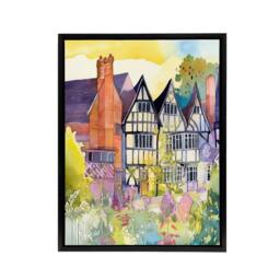 "Artery8 Sunrise Over Tudor Houses Floral Framed Canvas Wall Art Print - Size: W12"" x H16""" - thumbnail 1
