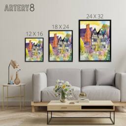 "Artery8 Sunrise Over Tudor Houses Floral Framed Canvas Wall Art Print - Size: W12"" x H16""" - thumbnail 4
