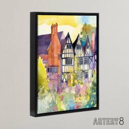 "Artery8 Sunrise Over Tudor Houses Floral Framed Canvas Wall Art Print - Size: W12"" x H16""" - thumbnail 2