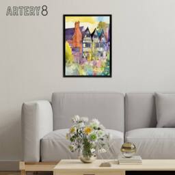 "Artery8 Sunrise Over Tudor Houses Floral Framed Canvas Wall Art Print - Size: W12"" x H16""" - thumbnail 3