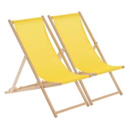 Harbour Housewares 2x Traditional Wooden Deck Chairs - Folding Garden Beach Lounge Chair in Yellow