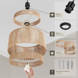 tectake Pendant Light Lignea In 3 Tiers, Jute Fibre & Boho Chic Design in Natural - thumbnail 3