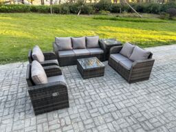 Fimous 7 Seater Garden Furniture Set Rattan Outdoor Lounge Sofa Chair With Tempered Glass Table Side Table Dark Grey Mixed - thumbnail 1