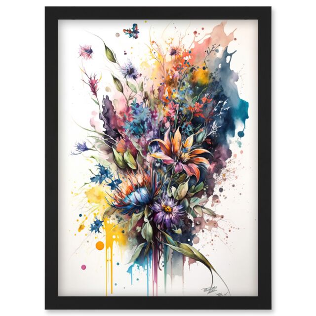 Artery8 Flower Bouquet Illustration over Watercolour Splat Artwork Framed Wall Art Print A4 in Black - image 1