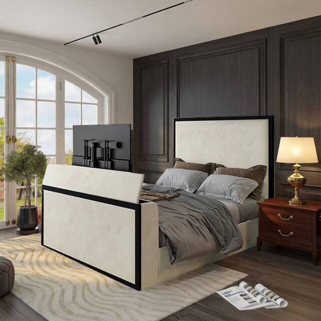 KDMD Adsborough Upholstered Electric Media Black & Cream White TV Bed Frame - Size: Single - image 1