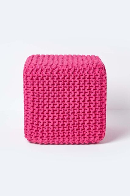 Homescapes Cube Cotton Knitted Pouffe Footstool in Pink - image 1