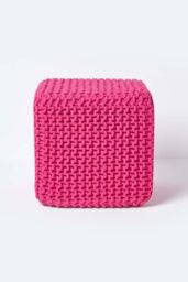 Homescapes Cube Cotton Knitted Pouffe Footstool in Pink - thumbnail 1