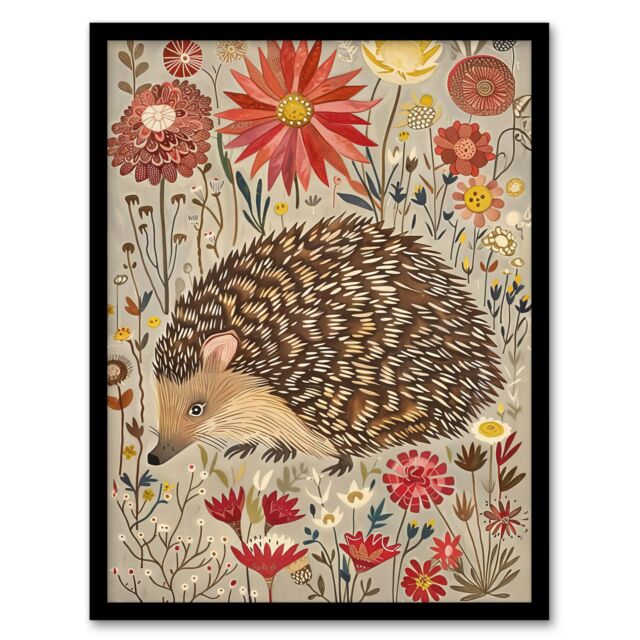 "Artery8 Cute Hedgehog Floral Artwork Rustic Woodland Framed Art Print in Grey - Size: W12"" x H16""" - image 1