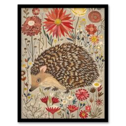 "Artery8 Cute Hedgehog Floral Artwork Rustic Woodland Framed Art Print in Grey - Size: W12"" x H16""" - thumbnail 1