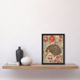 "Artery8 Cute Hedgehog Floral Artwork Rustic Woodland Framed Art Print in Grey - Size: W12"" x H16""" - thumbnail 4