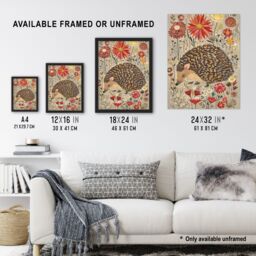 "Artery8 Cute Hedgehog Floral Artwork Rustic Woodland Framed Art Print in Grey - Size: W12"" x H16""" - thumbnail 3