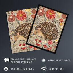 "Artery8 Cute Hedgehog Floral Artwork Rustic Woodland Framed Art Print in Grey - Size: W12"" x H16""" - thumbnail 2