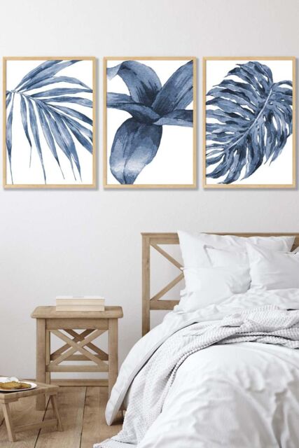 ARTZE Set of 3 Oak Framed Tropical Plants Navy Blue Abstract Wall Art - Size: W33 cm x H45 cm x D20mm - image 1