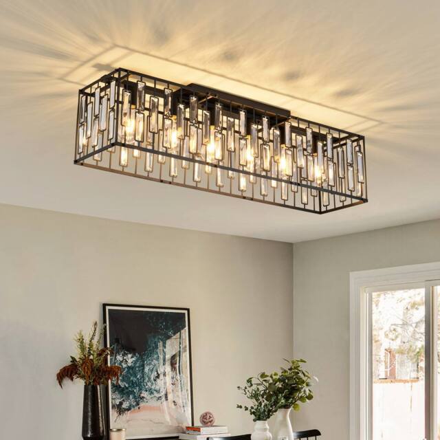 NIVOR Modern Crystal 6 Light Black Rectangle Chandelier Ceiling Lights E27 - image 1