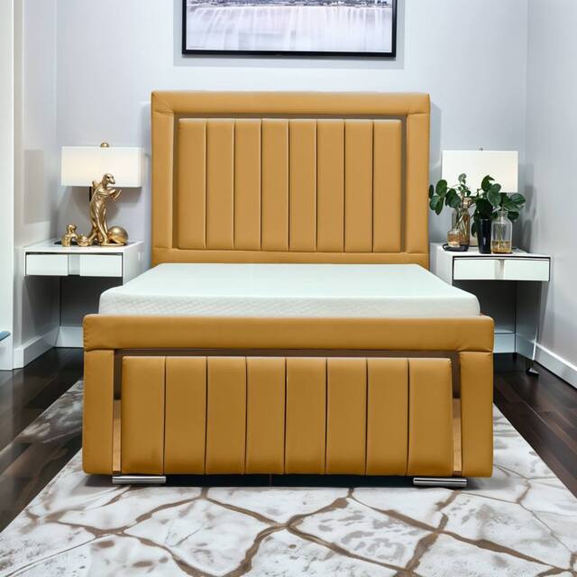 UK Bed Furniture Princess Slatted Base Upholstered Bed with 48 Inch Panel Headboard in Mustard - Size: Small Double - image 1