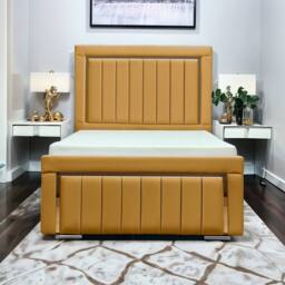 UK Bed Furniture Princess Slatted Base Upholstered Bed with 48 Inch Panel Headboard in Mustard - Size: Small Double - thumbnail 1