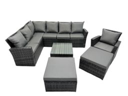Fimous 9 Seat Rattan Corner Sofa Set with 2 Big Stool Chair in Dark Grey - thumbnail 1