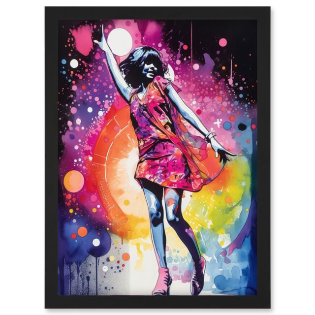 Artery8 Disco Music Fever Dance Moves Woman in Rainbow Dancefloor Light Modern Watercolour Painting Artwork Framed Wall Art Print A4 in Black - image 1