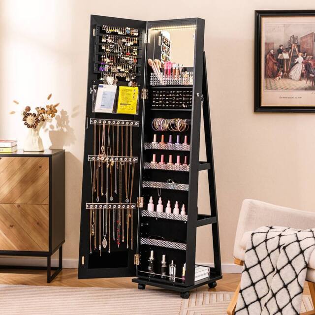 Costway 3-in-1 Jewelry Cabinet 360° Swivel Mirror Jewelry Armoire in Black - image 1