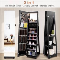 Costway 3-in-1 Jewelry Cabinet 360° Swivel Mirror Jewelry Armoire in Black - thumbnail 5