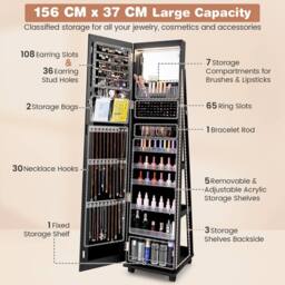Costway 3-in-1 Jewelry Cabinet 360° Swivel Mirror Jewelry Armoire in Black - thumbnail 6