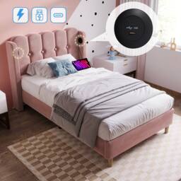 Matteo Pink Velvet Upholstered Single Bed Frame with USB-C Charging - 3FT - thumbnail 6