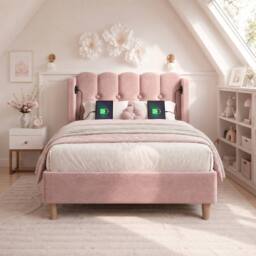 Matteo Pink Velvet Upholstered Single Bed Frame with USB-C Charging - 3FT - thumbnail 9