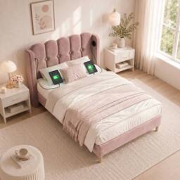 Matteo Pink Velvet Upholstered Single Bed Frame with USB-C Charging - 3FT