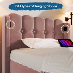 Matteo Pink Velvet Upholstered Single Bed Frame with USB-C Charging - 3FT - thumbnail 3