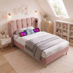 Matteo Pink Velvet Upholstered Single Bed Frame with USB-C Charging - 3FT - thumbnail 8