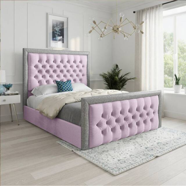 Casani Thorpe Glitter Border Upholstered Pink Soft Velvet Designer Bed Frame - Size: Small Single - image 1