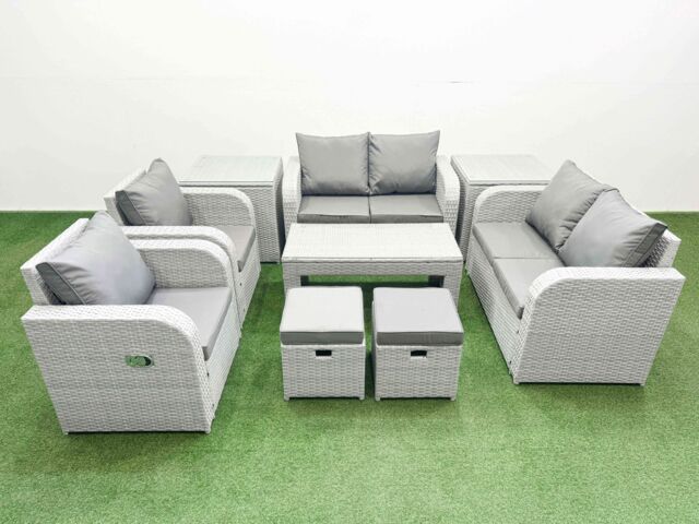 Fimous 8 Seater Outdoor Reclining Chair Love Sofa Set Rattan Garden Furniture Set with Oblong Coffee Table 2 Stools 2 Side Table Light Grey - image 1