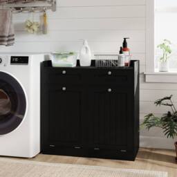 Costway Tilt-Out Laundry Hamper Cabinet Bathroom Storage Unit w/2 Drawers in Black - thumbnail 6