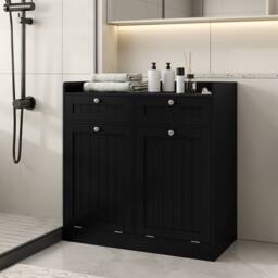Costway Tilt-Out Laundry Hamper Cabinet Bathroom Storage Unit w/2 Drawers in Black - thumbnail 1