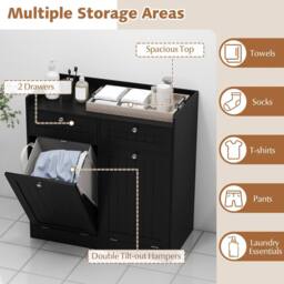 Costway Tilt-Out Laundry Hamper Cabinet Bathroom Storage Unit w/2 Drawers in Black - thumbnail 7