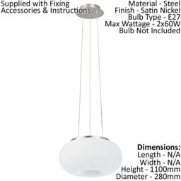 Loops Pendant Light Colour Satin Nickel Shade White Glass Opal Matt Bulb E27 2x60W in Metallics - thumbnail 2