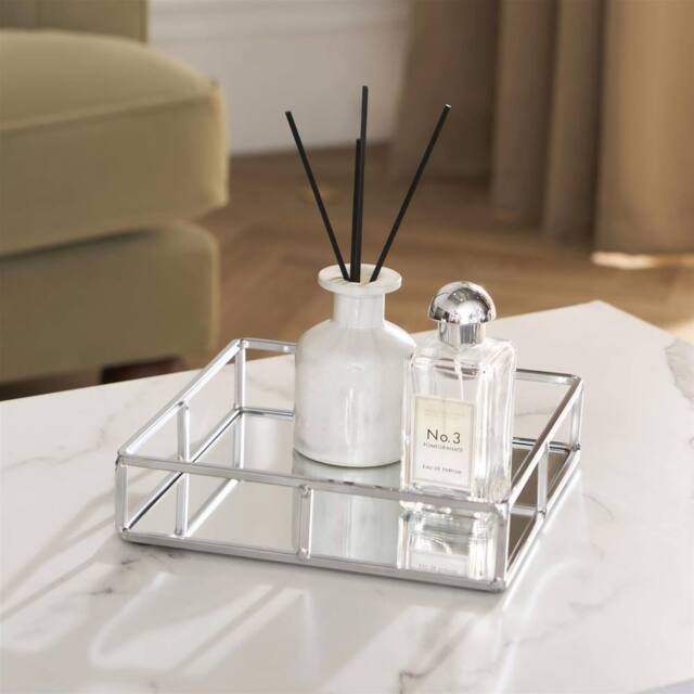 OHS Square Mirrored Storage Tray Metal Frame Vanity Display Plate in Silver - image 1