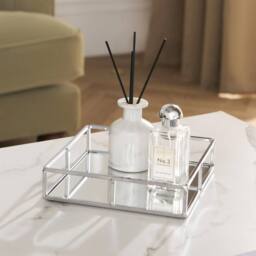 OHS Square Mirrored Storage Tray Metal Frame Vanity Display Plate in Silver - thumbnail 1