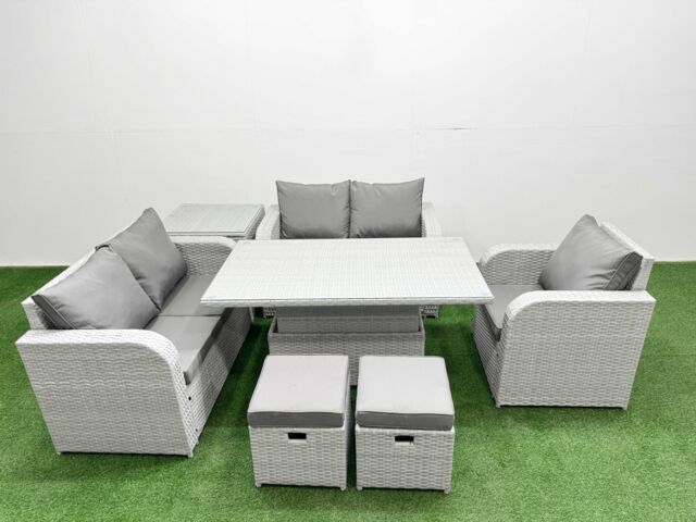 Fimous High Back Poly Rattan Garden Furniture Set w/ Reclining Chair Loveseat Sofa Adjustable Lifting Dining or Coffee Table Indoor Outdoor Patio Set - image 1