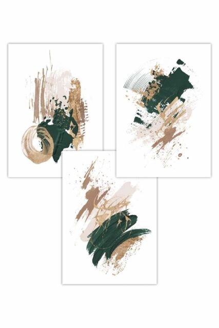 ARTZE Set of 3 Abstract Green Beige & Gold Oil Strokes Art Posters - Size: W30 cm x H42 cm - image 1
