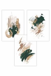 ARTZE Set of 3 Abstract Green Beige & Gold Oil Strokes Art Posters - Size: W30 cm x H42 cm - thumbnail 1