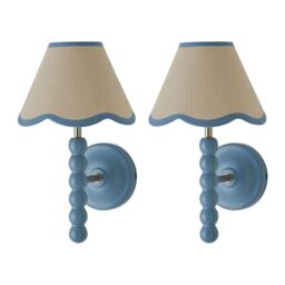 ValueLights Bobbins Pair Blue Bobble Wall Lights & Linen Pastel Trim Lamp Shades in Pale Blue