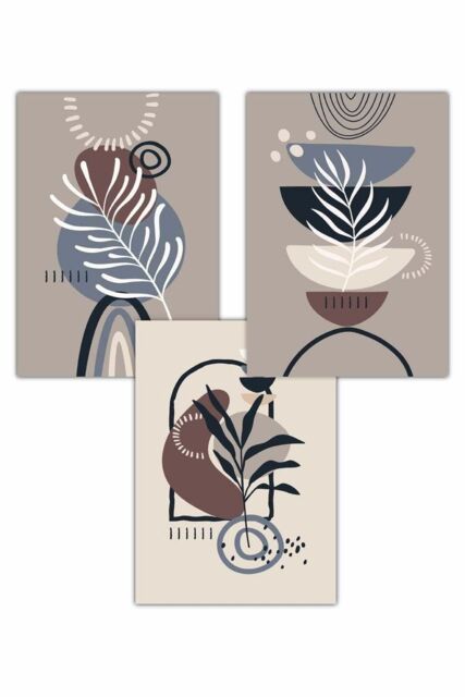 ARTZE Set of 3 Boho Abstract Floral in Black Beige Blue & Brown Art Posters in Fawn - Size: W50 cm x H70 cm - image 1