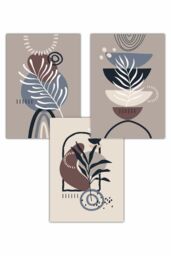 ARTZE Set of 3 Boho Abstract Floral in Black Beige Blue & Brown Art Posters in Fawn - Size: W50 cm x H70 cm - thumbnail 1