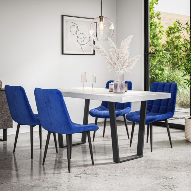 More4Homes Aria Dining Table & Chairs - White Marble Effect Table Top w Black Legs + Nova Velvet Dining Chair Set Of 4 in Blue - image 1