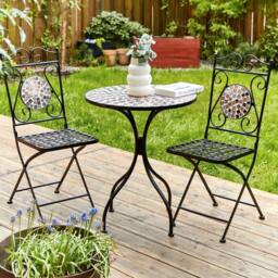 Wyld and Coco Heritage Garden Folding Chairs Set 2 Black Iron Black and Gold Mosaic