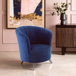 Orsina Tub Chair, Stylish Office Chair, Classy Velvet Chair, Round Velvet Upholstery Chair for Lounge in Blue