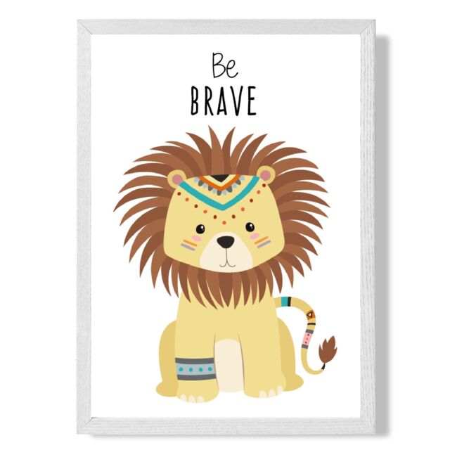 ARTZE Be Brave Lion Tribal Animal Quote Framed Print SIZE: A2 with White Frame in Yellow - Size: A4 - image 1